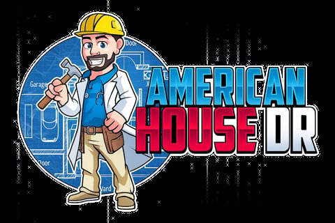 Cartoon handyman in yellow hard hat and tools holding wrench, American House Doctor logo